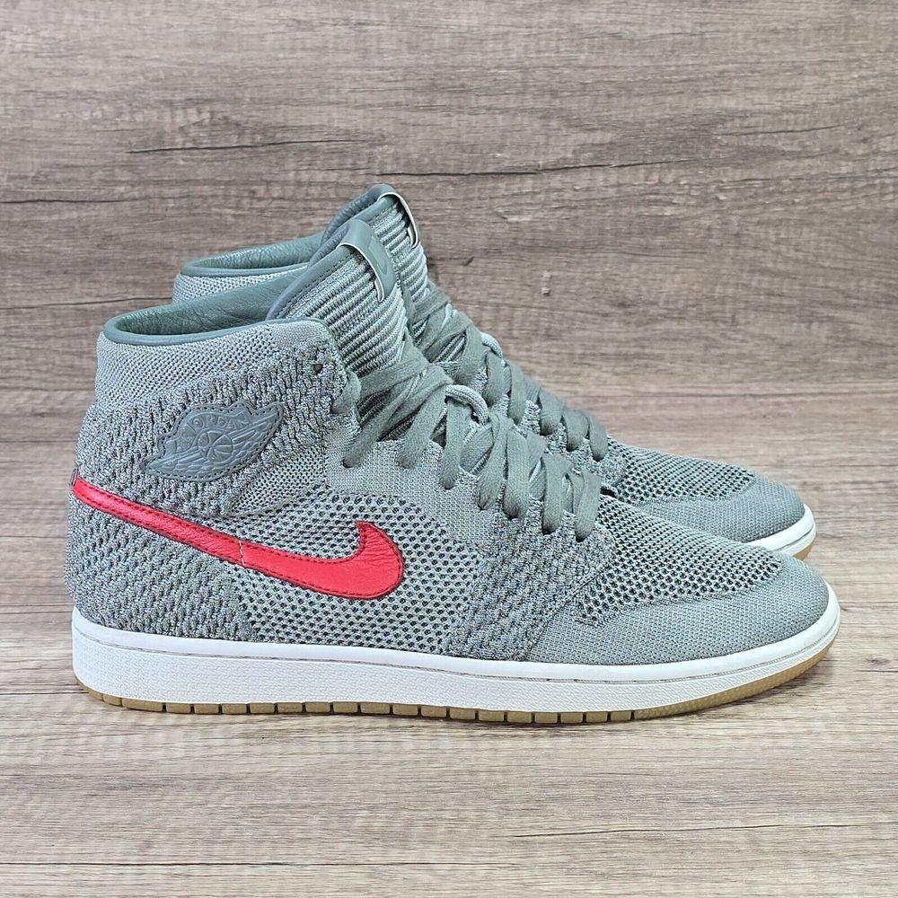 Nike Air Jordan 1 Ultra Flyknit High Top Sneakers - Gray with Red Swoosh